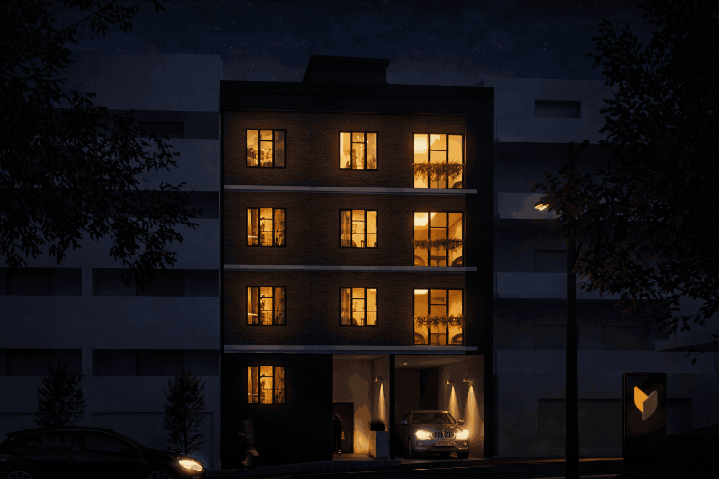 Cemal Apartmanı, Bayraklı İzmir, aydınlatmalı gece görünümü