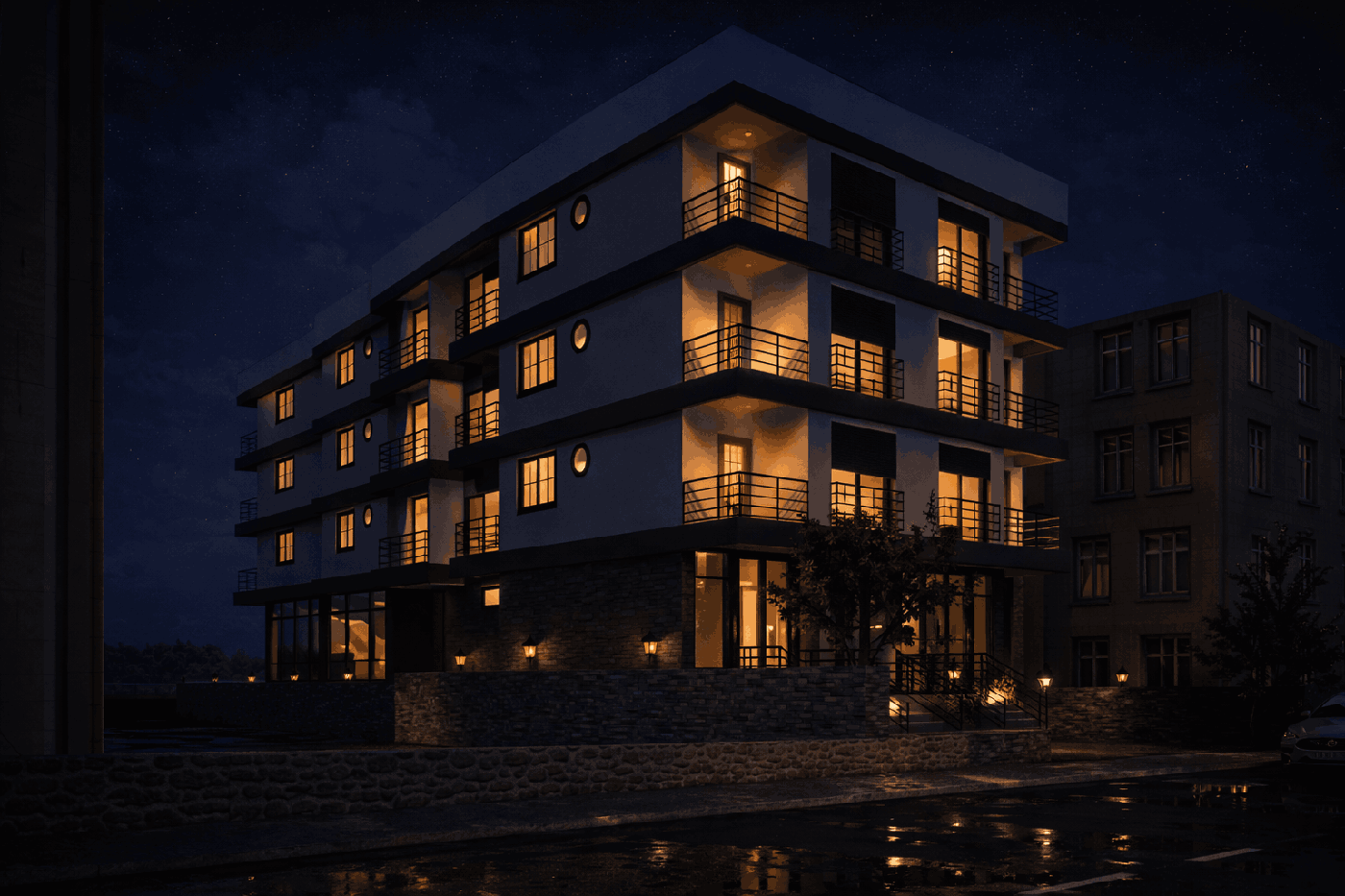 Seyrek Apartmanı 2 aydınlatmalı gece görünümü, İzmir